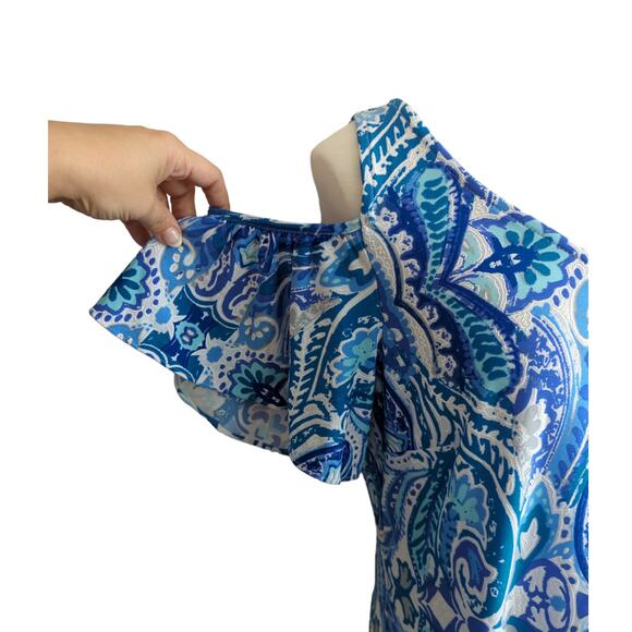 Blue Cold Shoulder Textured Print Dress Size L - Picture 2 of 3